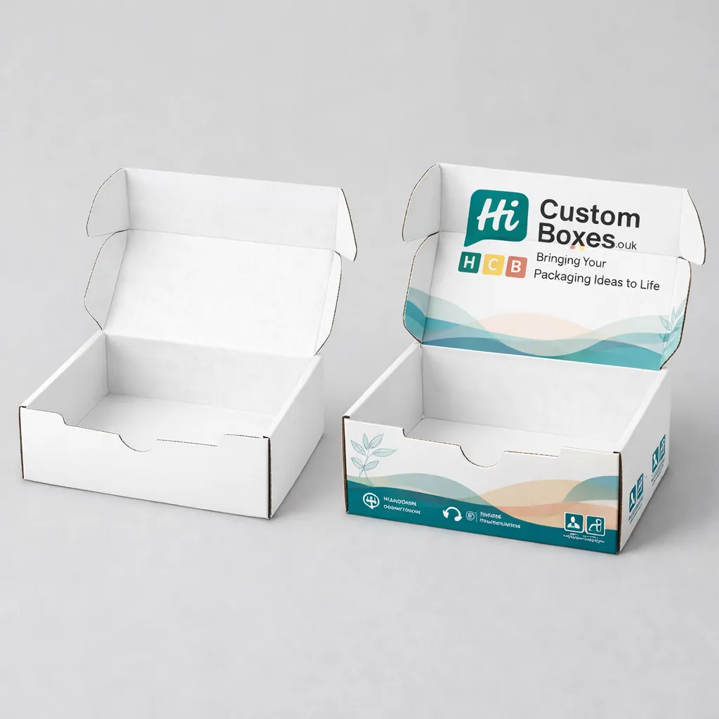 Open corrugated cardboard mailer boxes in white and custom printed designs for secure shipping and delivery.
